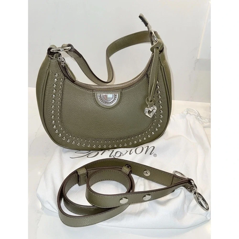 Brighton H4391V Jem Olive Green Studded Leather Shoulder Bag Purse Hobo Dust Bag